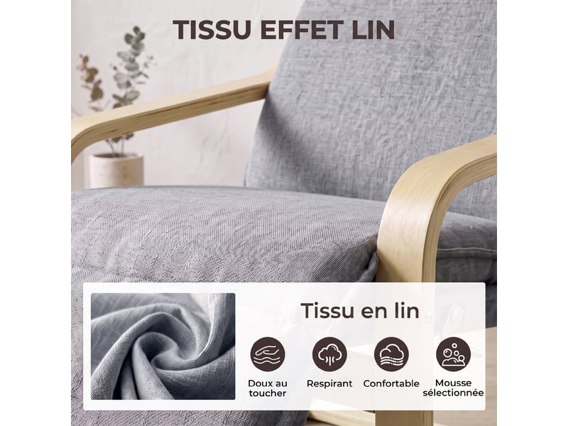  Fauteuil salon, fauteuil d'appoint rembourré en lin avec repose-pieds, assise large, bascule douce, dossier haut, gris  - Conforama R