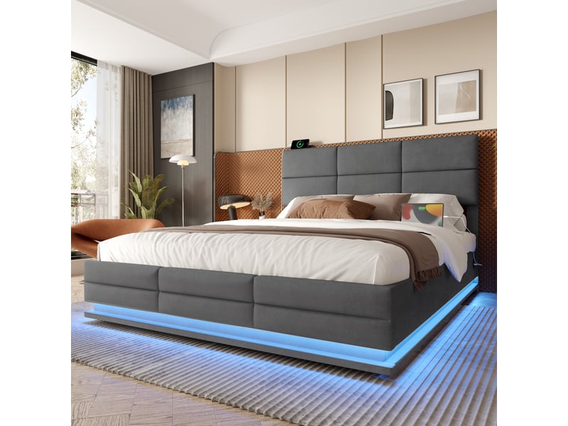  Lit 140x200cm, lit coffre, lit 2 places, tête de lit réglable, led, usb, sommier, sans matelas, velours, gris  - Conforama W