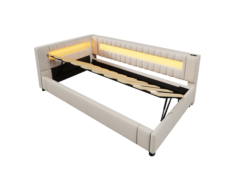  Lit banquette en lin beige 90x200 cm, rangement hydraulique, led, usb-c  - Conforama E