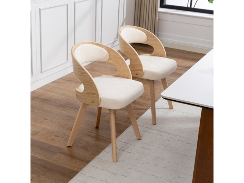  Ensemble de 2 chaises de salle à manger en bois, moderne, sièges pivotants, coussins coton-lin beige, dossier incurvé  - Conforama D