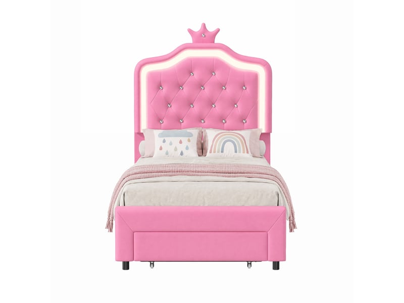  Lit simple 90x200 cm avec lampes led, lit enfant avec tête de lits réglable en hauteur et 1 tiroirs, en cuir avec couronne, pu, rose  - Conforama A
