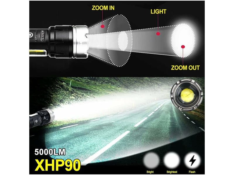  Lampe de poche xhp90 led 5000 lumens, lampe de lampe de poche à mise au point réglable rechargeable par usb, , adaptée au camping  - Conforama B