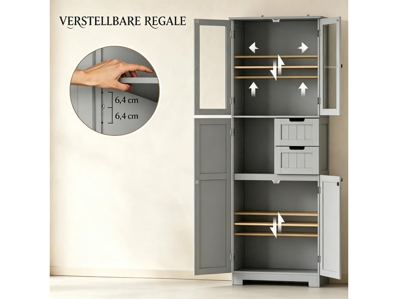 Colonne salle de bain sur pied, 4 portes dont 2 vitrées, 2 tiroirs, étagères réglables - Conforama E