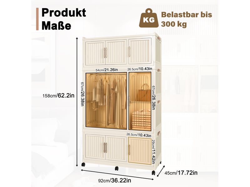  Armoire penderie pliable 92 x 45 x 158 cm blanc crème en polypropylène, 9 portes magnétiques sur roulettes  - Conforama C