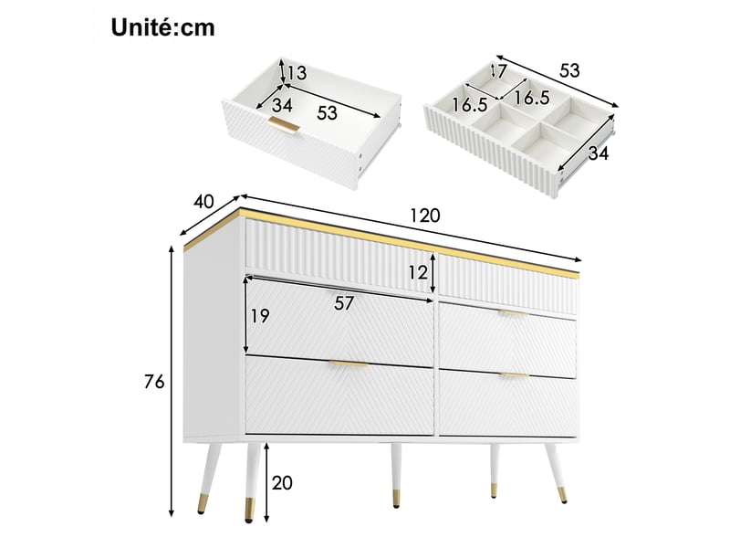  Commode 6 tiroirs avec plateau en verre brun – blanc – 120 x 40 x 76 cm  - Conforama D