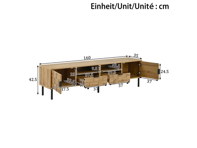  Meuble tv 160x35x42,5 cm, 2 portes, 2 tiroirs, passe-câbles, façades texturées, pieds métal, grand rangement pour salon - naturel  - Conforama C