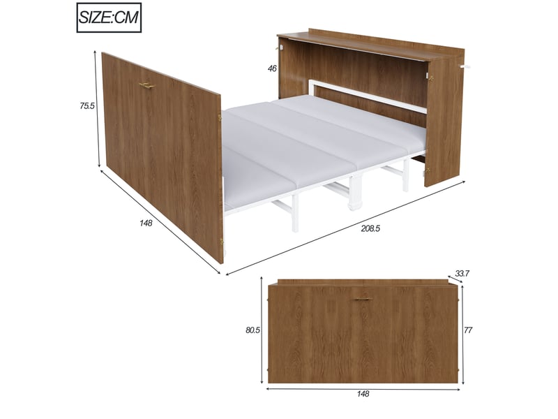  Lit escamotable 140x200 cm avec matelas en lin inclus, lit armoire pliant sur roulettes silencieuses, structure métal, gain de place  - Conforama E