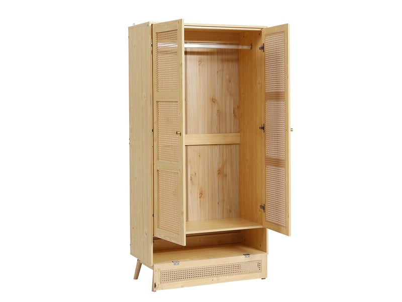 Armoire 2 portes avec penderie, meuble de chambre en rotin pe, plateau inférieur rabattable, panneaux agglomérés, naturel  - Conforama E