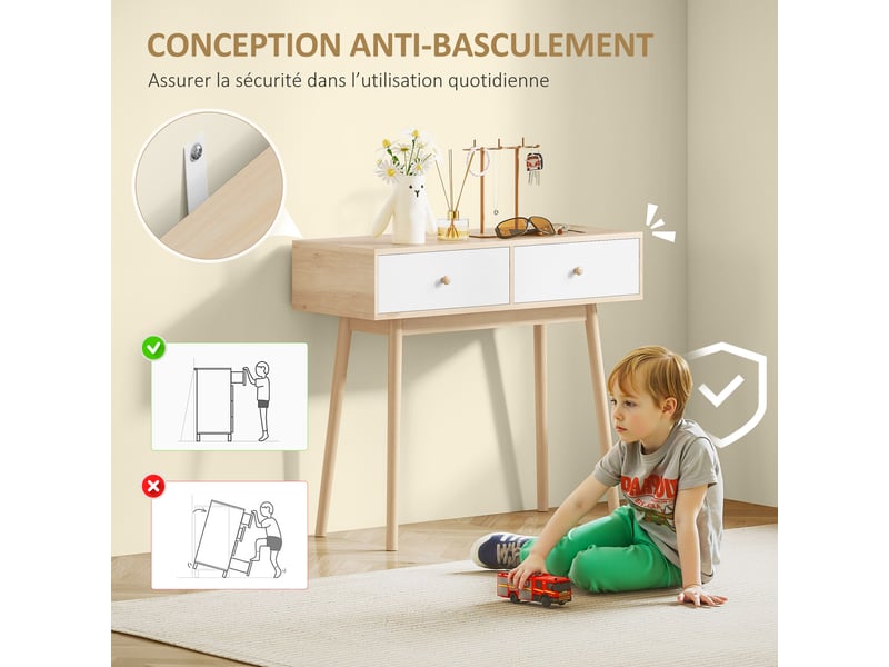  Table console avec 2 tiroirs et pieds en bois, pour salon, entrée, couloir, chêne et blanc, 86 x 35 x 75 cm  - Conforama R