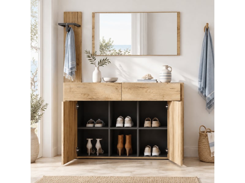  Meuble d’entrée avec miroir et penderie - lpospi - 2 portes, 2 tiroirs, mdf noir et naturel 125 × 35 × 178 cm  - Conforama C