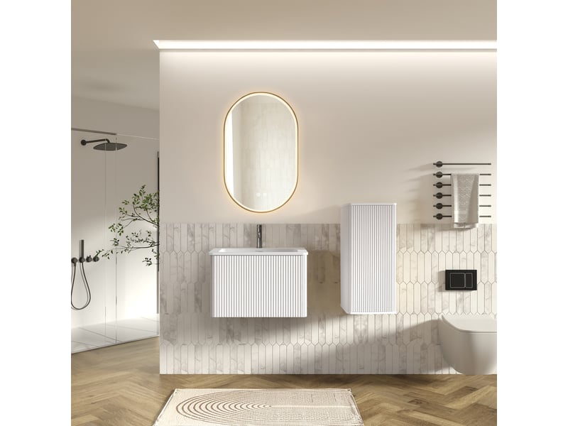 Meuble sous vasque avec miroir led et meuble latéral, lavabo, rangement suspendu pour salle de bain, blanc - Conforama B