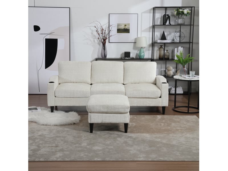  Canapé 4 places 196.5x75x77 cm, porte-gobelets, avec pouf et rangement, couleur beige  - Conforama D