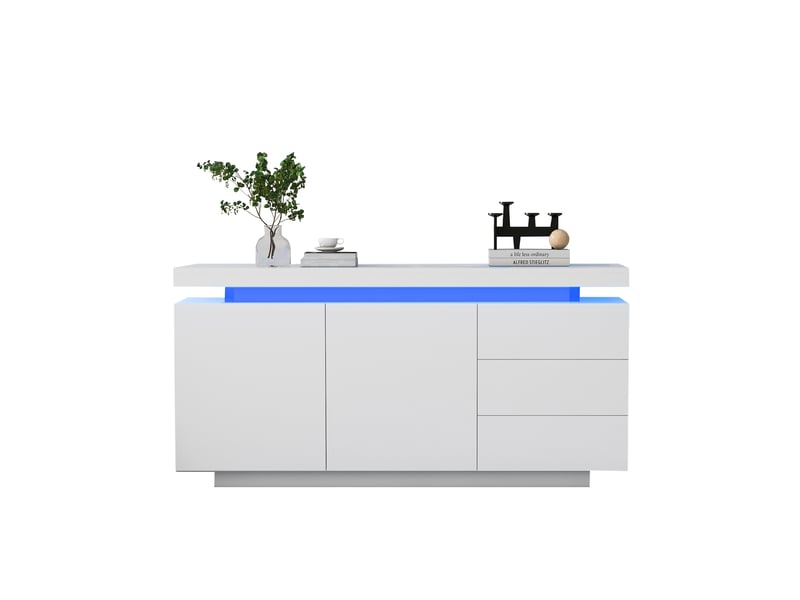 Buffet blanc laqué moderne 140cm, meuble de salon avec éclairage led rvb, 2 portes 3 tiroirs sans poignée - Conforama E