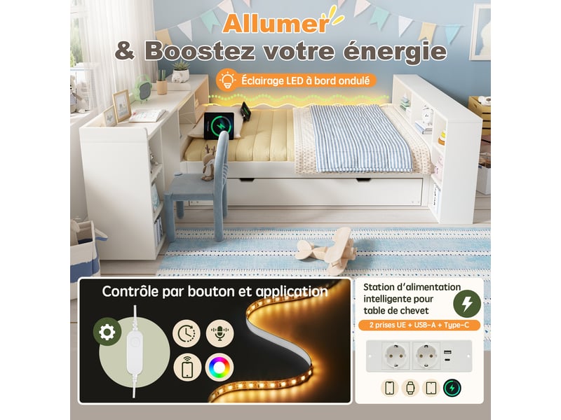  Canapé-lit 90x200cm - avec lit gigogne - avec éclairage led et prises de recharge - avec bureau extensible - blanc (matelas non inclus)  - Conforama W
