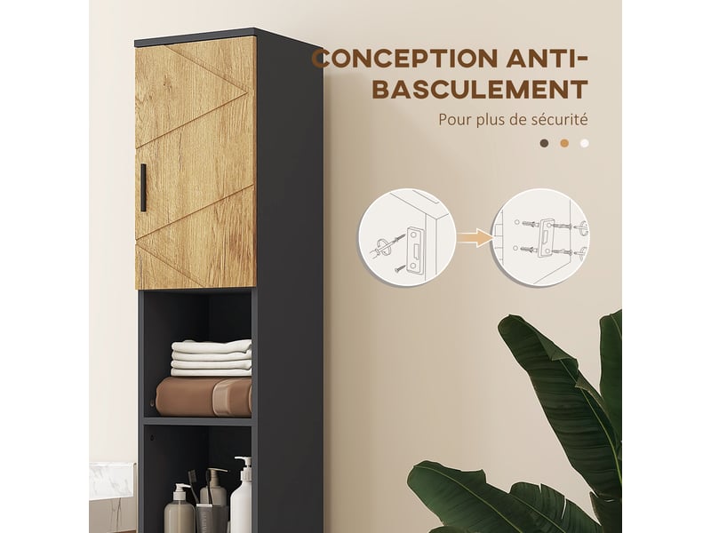  Meuble colonne armoire rangement salle de bain 2 portes étagère réglable 2 niches 30 x 30 x 183 cm gris foncé chêne  - Conforama R