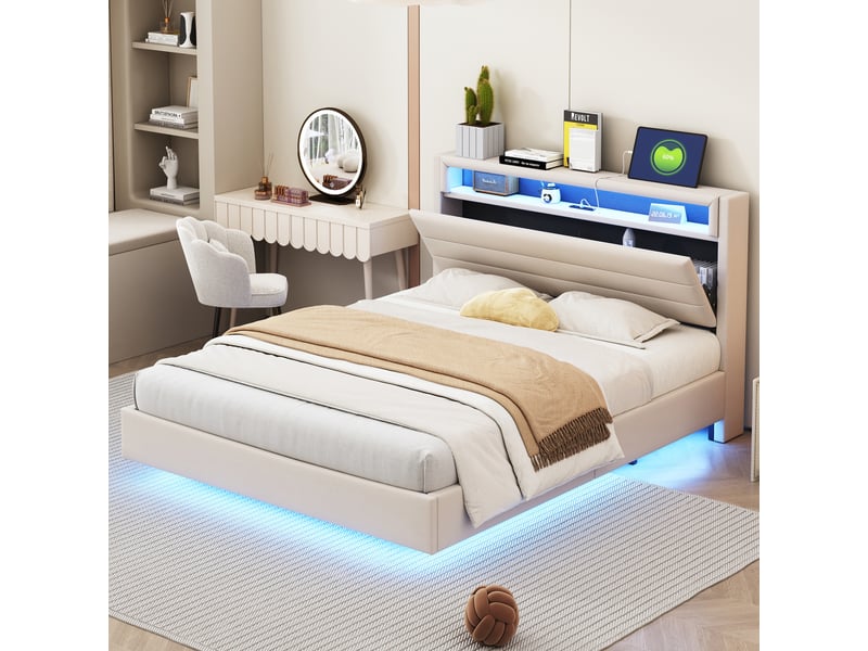 Lit capitonné en lin beige 140 x 200 cm - Conforama B