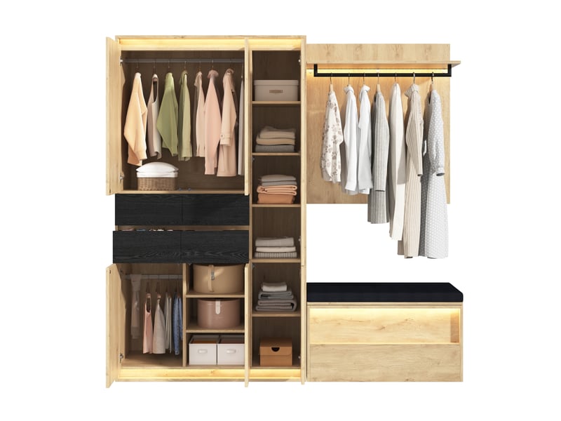  Ensemble dressing d'entrée modenvie avec miroir et éclairage led, 200 x 47 x 200 cm, 3 tringles, 4 tiroirs, mdf, bicolore  - Conforama A
