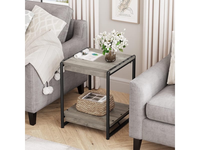  Lot 2 tables d'appoint carrées 2 niveaux, bois métal, style industriel rustique, étagère salon chambre, bout canapé chevet VAM_1EYVYWKP - Conforama B