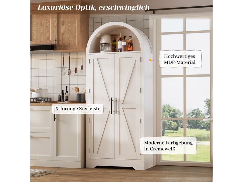  Buffet blanc moderne 170x70x35 cm, armoire de rangement cuisine avec portes et étagères ouvertes, design voûté  - Conforama D
