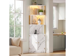 Buffet - 38x38x180cm - meuble d'angle haut avec éclairage led, prises intégrées & 2 portes - effet marbre blanc & doré