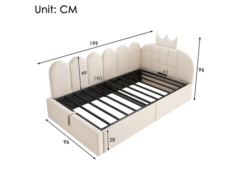  Lit simple 90x190 cm avec rangement en velours beige  - Conforama E