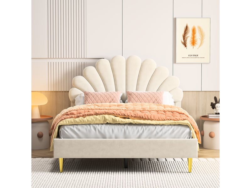  Lit double enfant 140 x 200 avec sommier à lattes, lit fille rembourré avec tête de lits en forme de pétale, velours (matelas non inclus)  - Conforama D