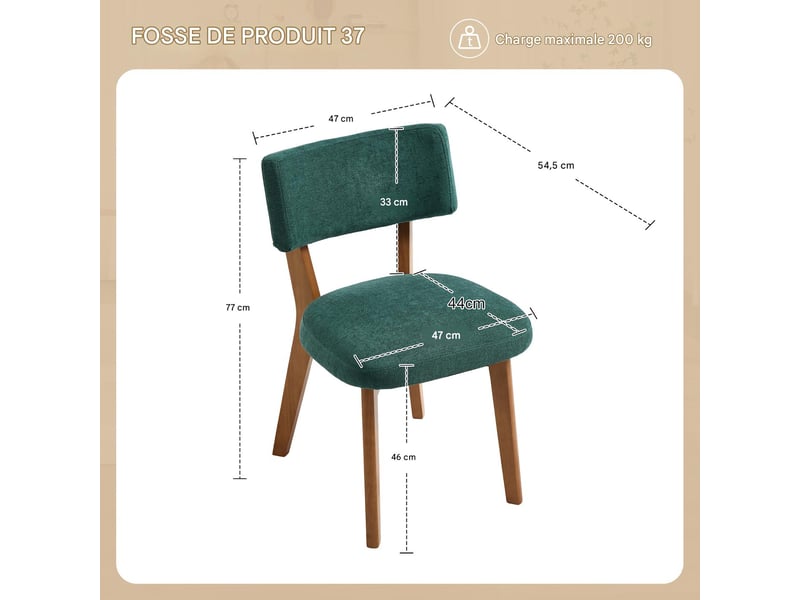  Lot de 2 chaises de salle à manger en tissu vert, pieds en bois massif W3056P470856 - Conforama C