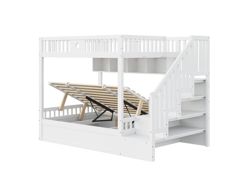Lit superposé 140x200 cm, lit enfant, rangement hydraulique, étagères, escalier avec rangement, bois blanc - Conforama B