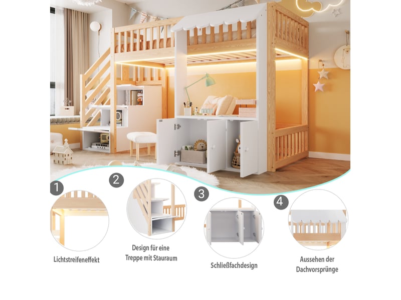 Lit mezzanine enfant 90x200 cm – bois clair et blanc – escalier rangement, led multicolores – sans matelas - Conforama E