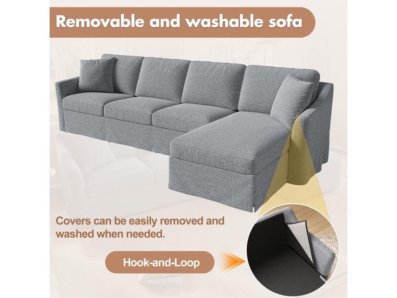 Canapé d'angle en l, 4 places, avec méridienne et coffre de rangement, housses amovibles/lavables coton-lin, gris, 274x128,5x83cm - Conforama E