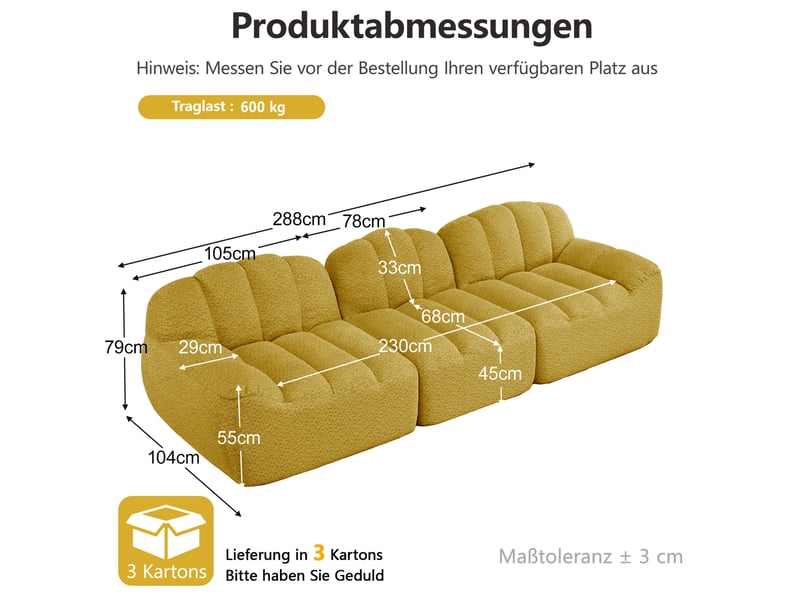  Canapé modulaire 3 places jaune en tissu polaire granuleux 288 x 104 x 79 cm  - Conforama E