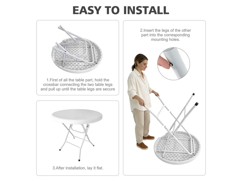 Table pliante ronde en hdpe avec piètement métallique repliable, montage sans outil, 80 cm, capacité 136 kg - Conforama D