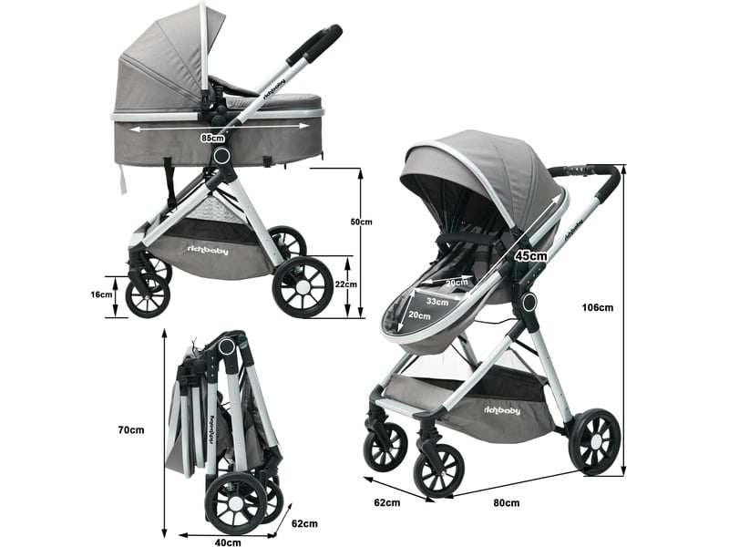 Poussette combinée 2 en 1 80 x 62 x 106 cm gris antique, tissu et mesh, pliage rapide, naissance à 36 mois - Conforama C