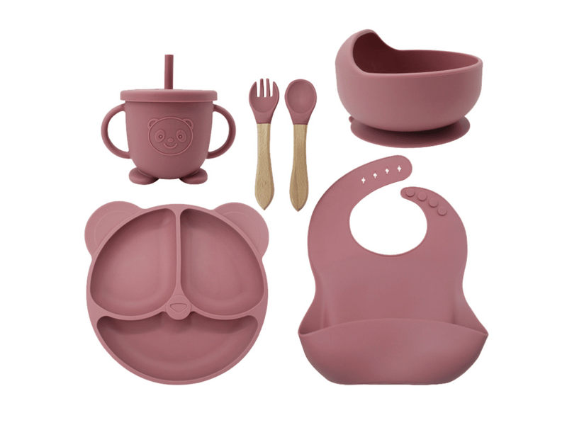  Ensemble de vaisselle pour enfants en silicone rose, comprenant assiette, cuillère, fourchette, tasse, bavoir et bol  - Conforama E