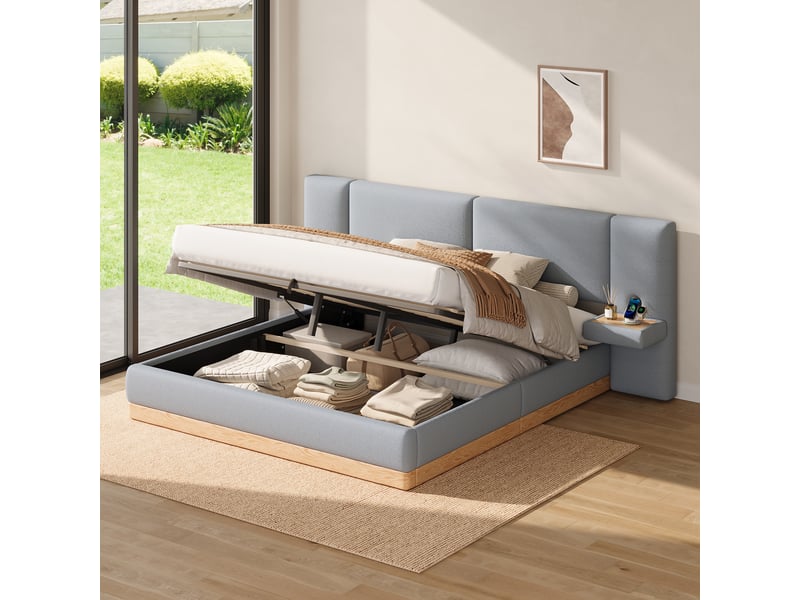  Lit coffre 180x200 à relevage hydraulique, chevets et usb, gris et naturel  - Conforama E