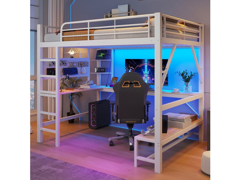 Lit mezzanine 160x200 cm avec bureau, led et prises usb type-c blanc  - Conforama D