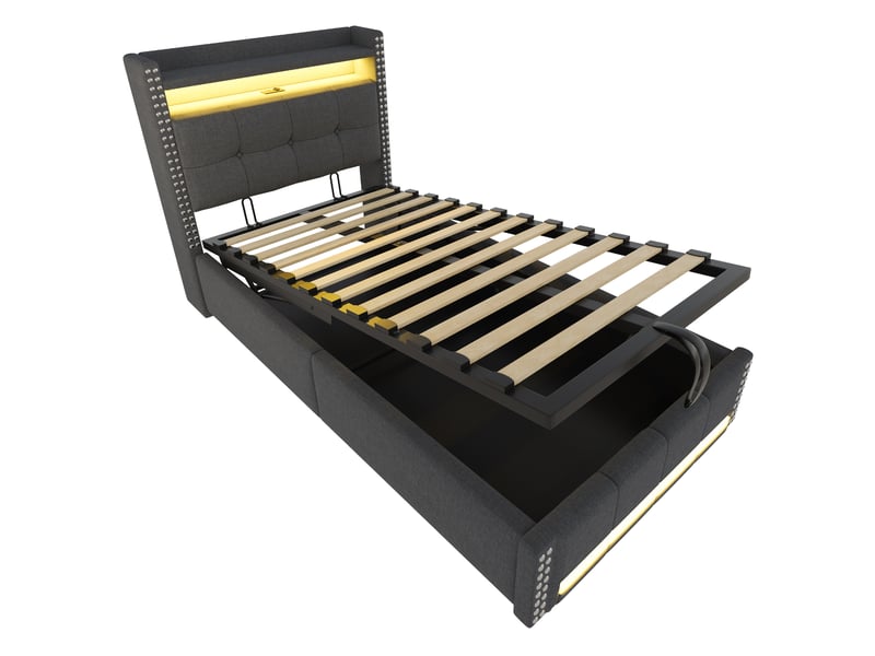Lit enfant 90x200 cm tête-rangement usb intégré led changeante coffre design moderne tissu lin gris sans matelas - Conforama R