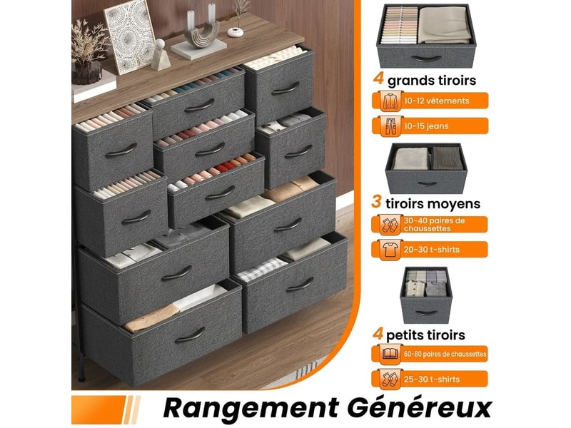  Chiffonnier meuble 100x30x97 cm onze tiroirs tissu gris fonce et metal noir chambre  - Conforama C