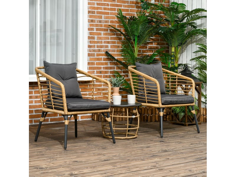 Salon de jardin bistrot 3 pièces 62x65x78 cm – sable et gris foncé – table basse ronde, coussins lavables - Conforama B