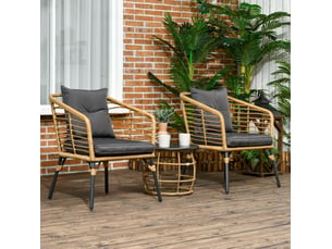 Salon de jardin bistrot 3 pièces 62x65x78 cm – sable et gris foncé – table basse ronde, coussins lavables