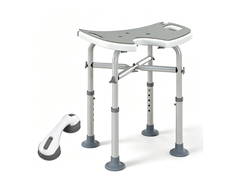  Tabouret de douche réglable 48,5 x 33 cm – gris – hauteur 39-51,5 cm, ventouses et barre d'appui incluse  - Conforama E