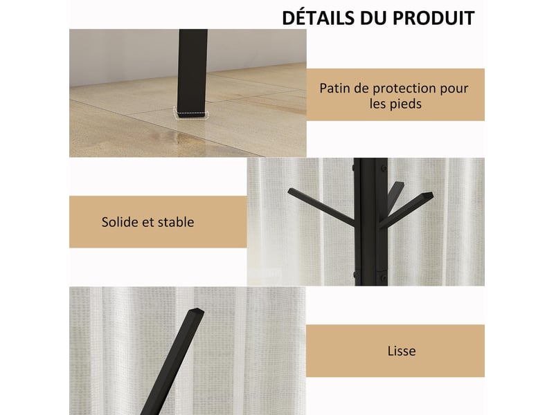  Porte-manteau trépied avec étagère et 9 patères en métal noir 45x45x180 cm  - Conforama E