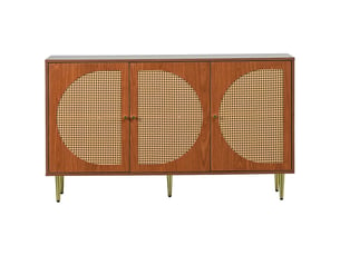 Buffet haut 129.8x40x76 cm 3 portes rotin meuble rangement salon chambre cuisine noyer