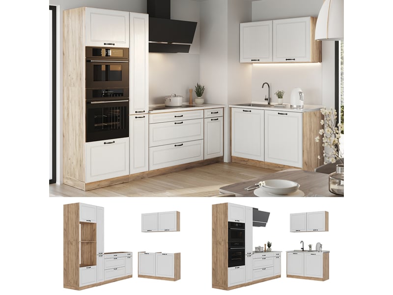 Vicco cuisine en angle, blanc campagnechêne doré, 230 x 120 cm plan de travail anthracite - Conforama D