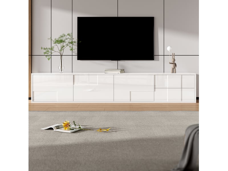  Meuble tv 170x30x30.5 cm, 3 portes et 2 tiroirs sans poignées en mdf blanc  - Conforama D