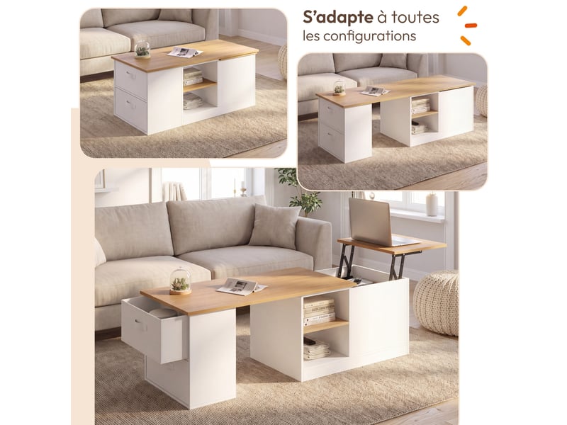 Table basse plateau relevable et extensible rectangulaire ilona 100-140 cm avec 2 tiroirs, coffre et étagère blanc et bois - Conforama C
