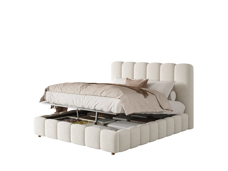  Lit coffre 2 places 140x200 cm avec sommier à lattes bouclette blanc  - Conforama A