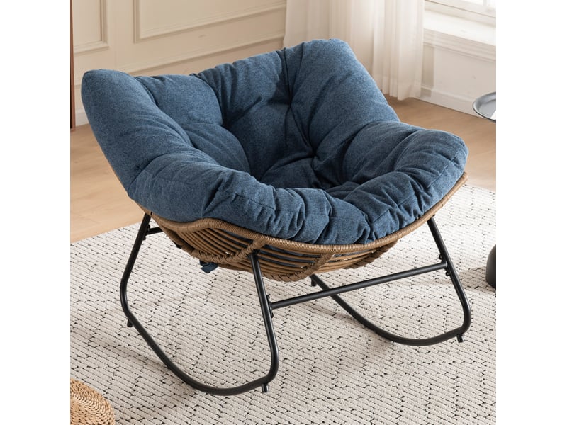 Rocking-chair avec assise enveloppante et structure métal, pour salon ou chambre, en chenille bleue, 98 × 102 × 77 cm - Conforama D