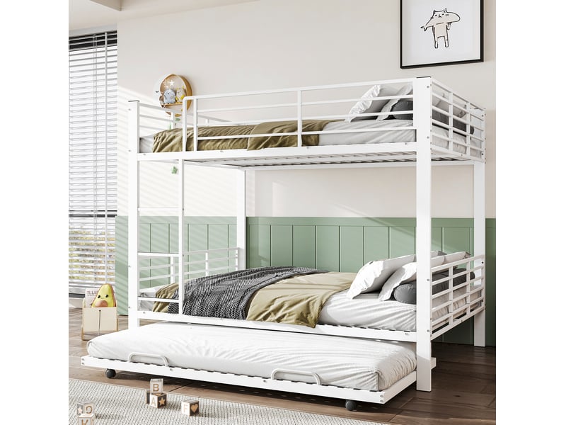  Lit superposé 140 × 200 cm trois places avec lit gigogne coulissant et barrière haute en métal blanc mat pour chambre  - Conforama B
