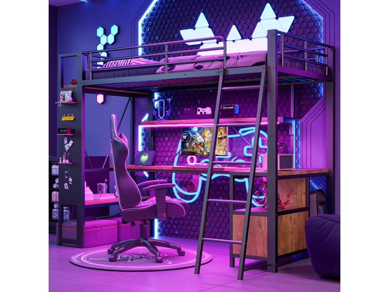 Lit mezzanine 90 x 200 cm, structure métal, led, bureau, étagères, panneau perforé, usb, sans matelas, noir  - Conforama E